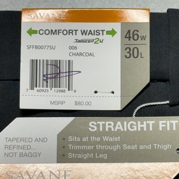 Savane Men's Comfort Waist Straight Pleated Rolled Cuff Charcoal Pants 46x30 NWT - Picture 6 of 13